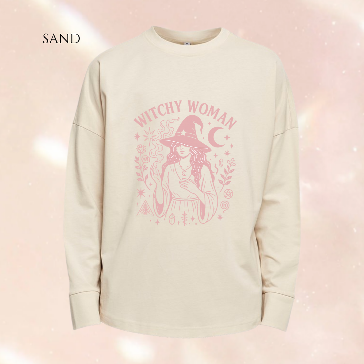 Witchy Woman Pink Print Premium Oversized Long Sleeve Black T-shirt
