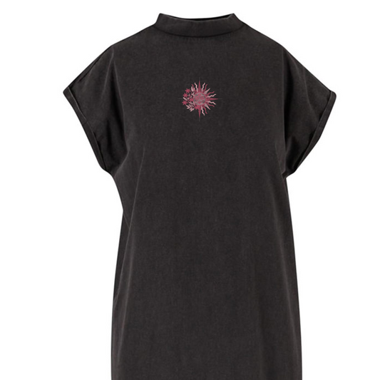 Sun Moon Embroidered Spiritual Acid Wash Maxi Dress