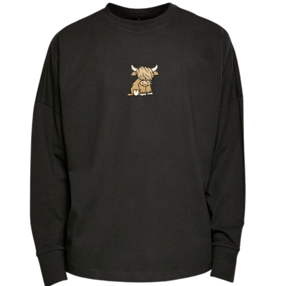 Highland Cow Embroidered Sleeve Premium Oversized Long Sleeve T-shirt