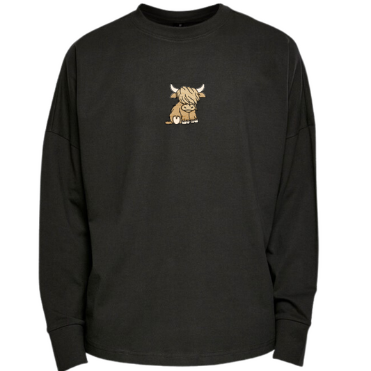 Highland Cow Embroidered Sleeve Premium Oversized Long Sleeve T-shirt