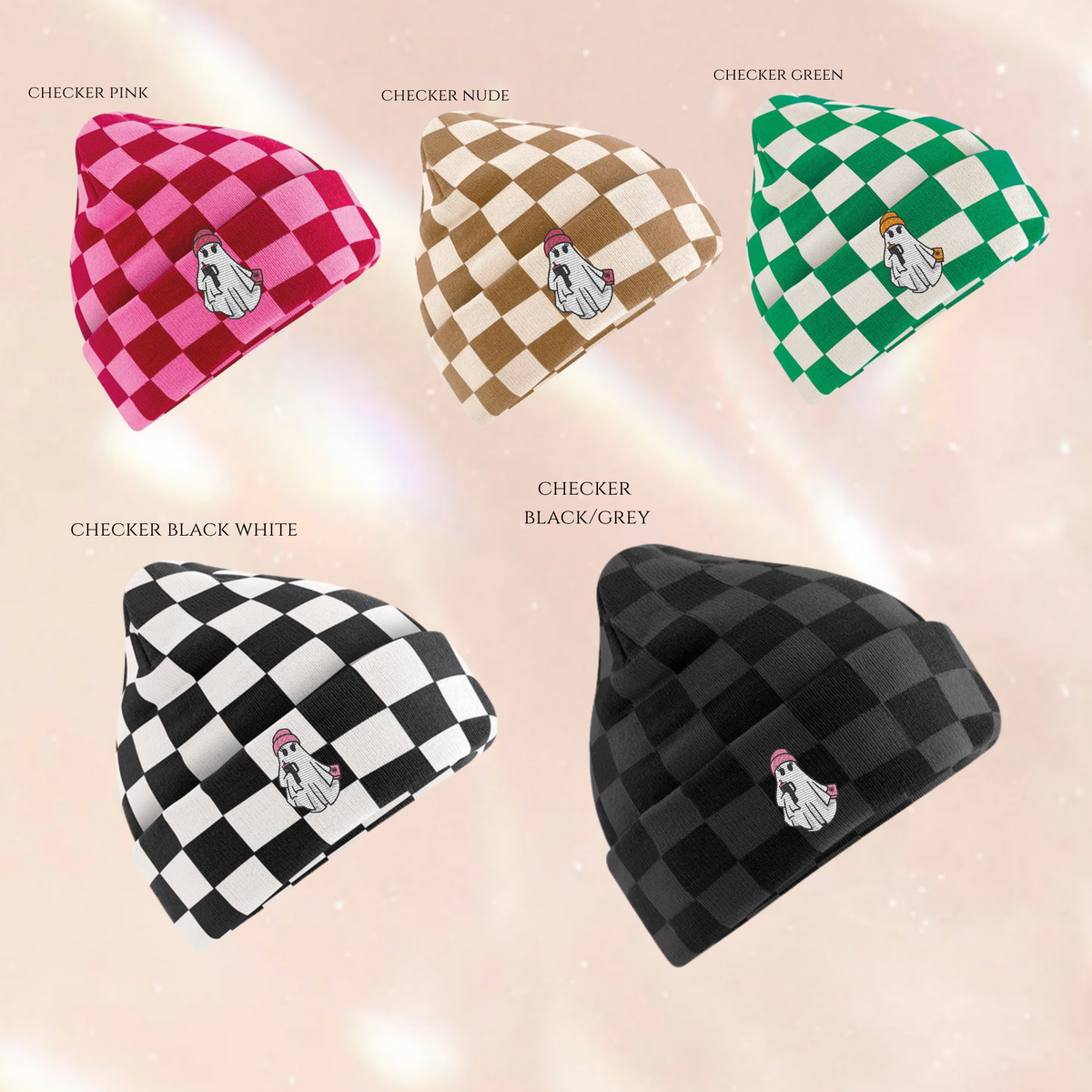 Ghost With Beanie, Book & Cup Checkerboard Embroidered Beanie