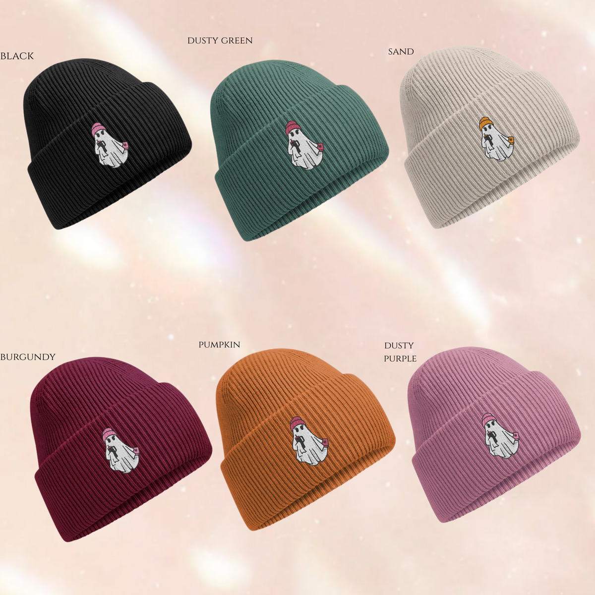 Ghost With Beanie, Book & Cup Block Colour Embroidered Beanie