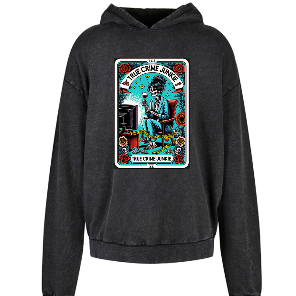 True Crime Junkie Tarot Style Alternative Acid Wash Oversized Unisex Hoodie