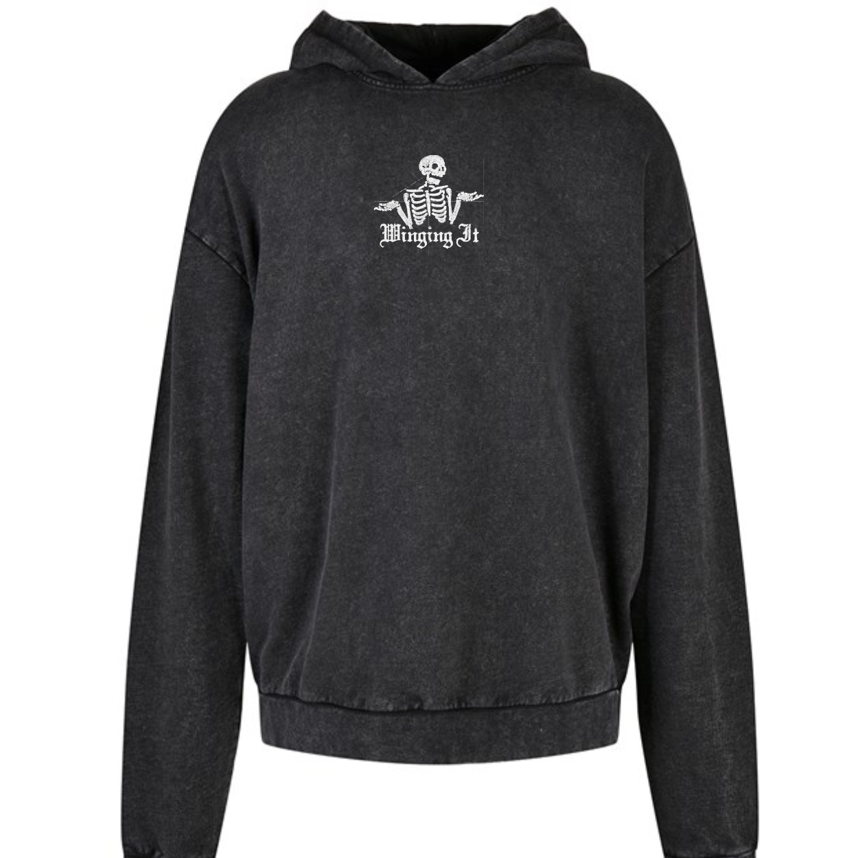 Winging It Skull Skeleton Embroidered Acid Wash Oversized Unisex Hoodie