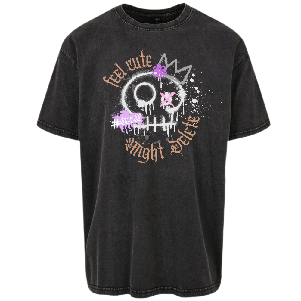 Feel Cute Might Delete Skull Oversized Acid Wash T-shirt