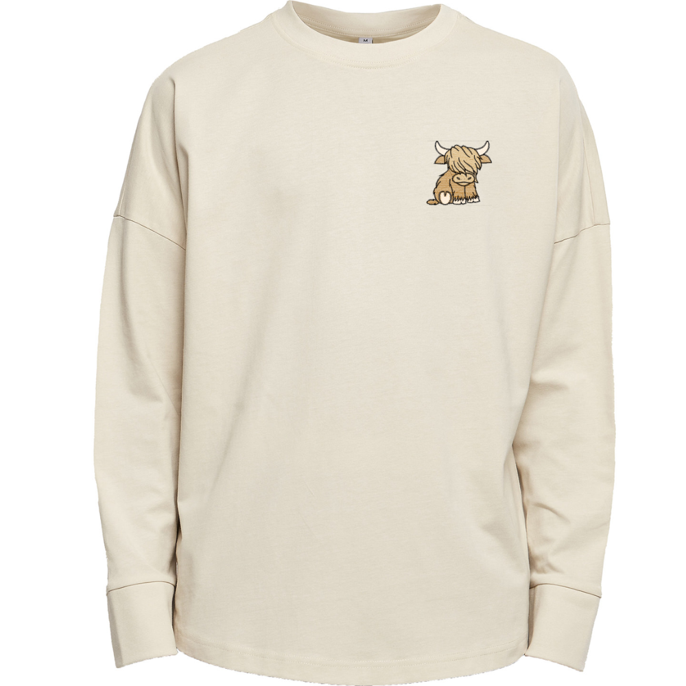 Highland Cow Embroidered Sleeve Premium Oversized Long Sleeve T-shirt