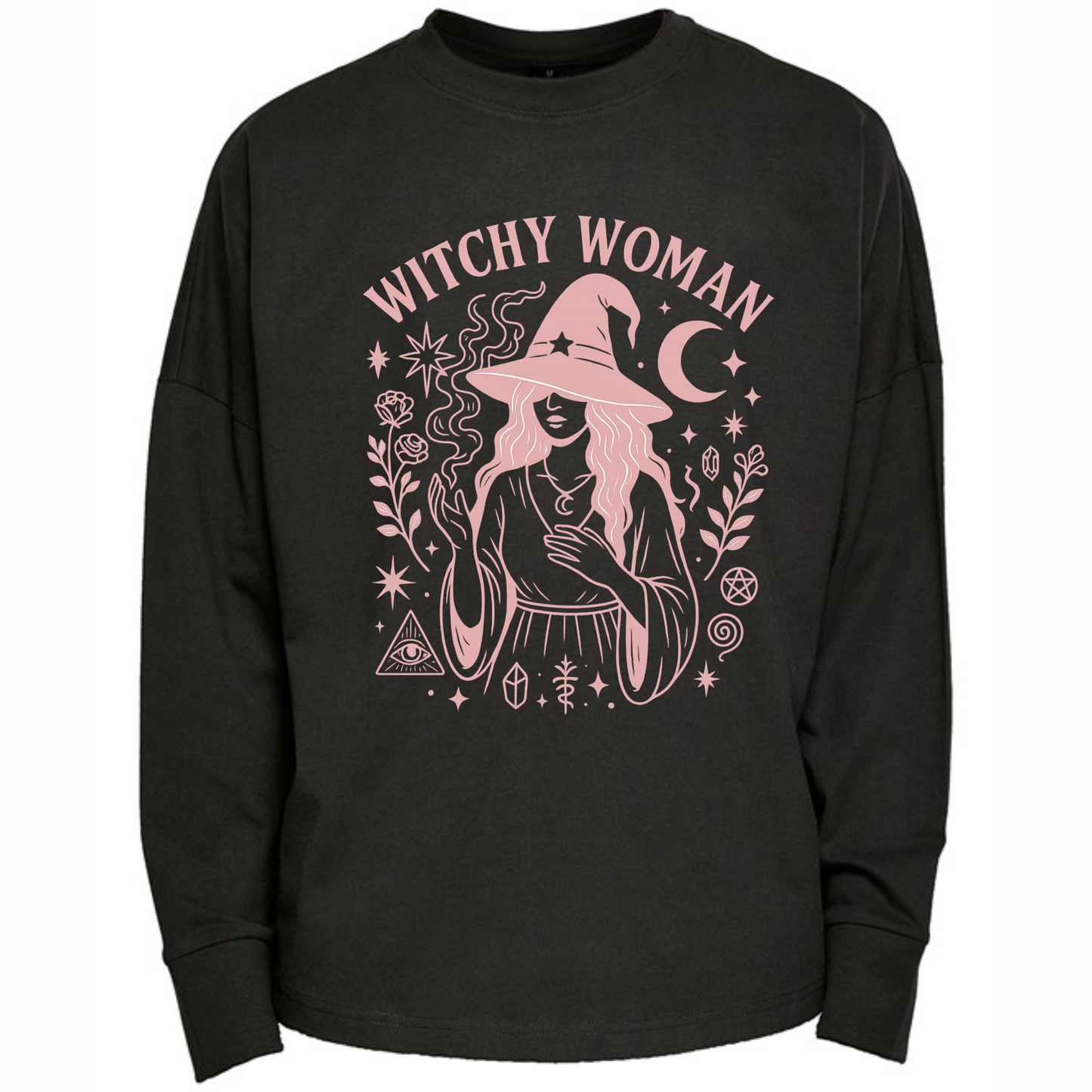 Witchy Woman Pink Print Premium Oversized Long Sleeve Black T-shirt