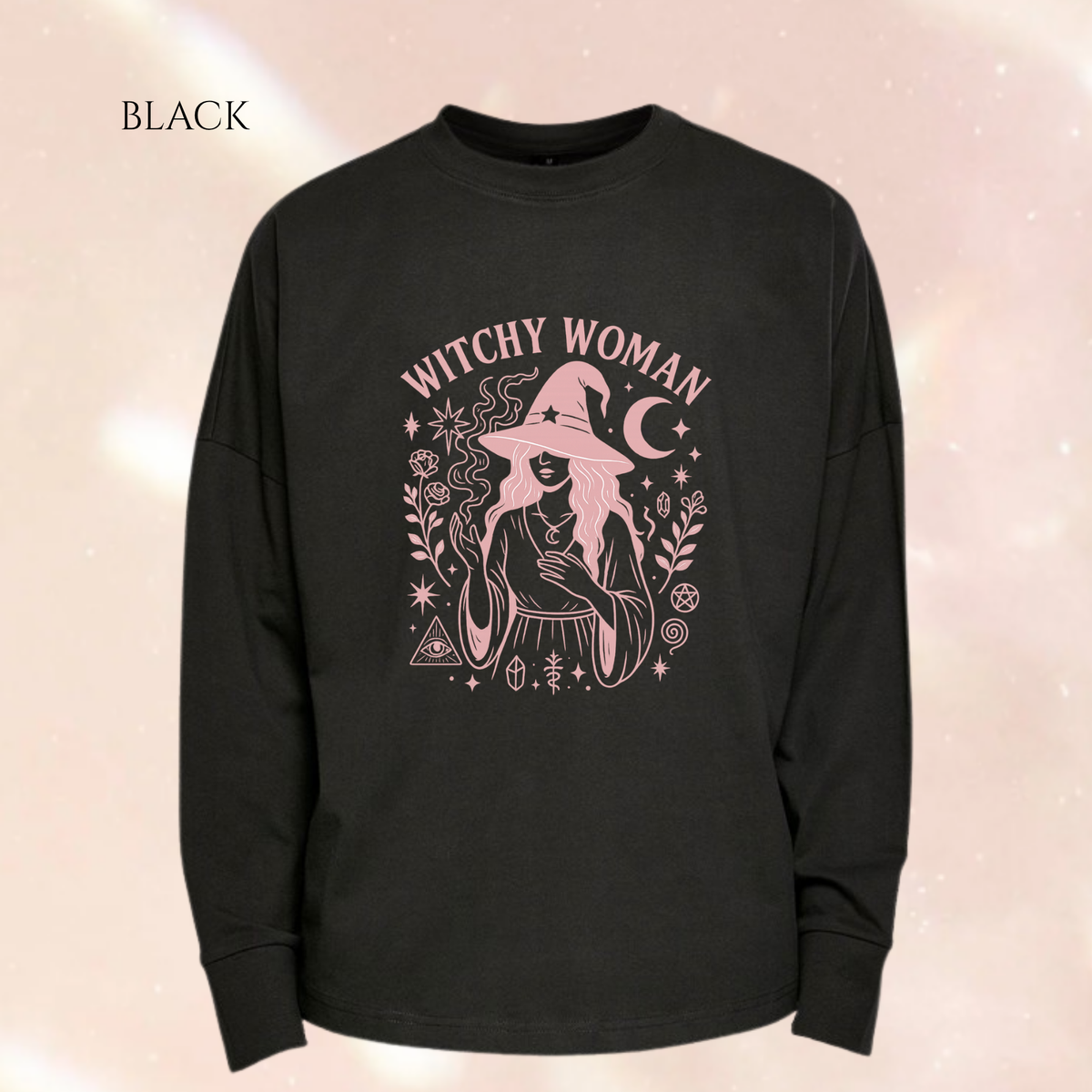 Witchy Woman Pink Print Premium Oversized Long Sleeve Black T-shirt