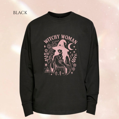 Witchy Woman Pink Print Premium Oversized Long Sleeve Black T-shirt