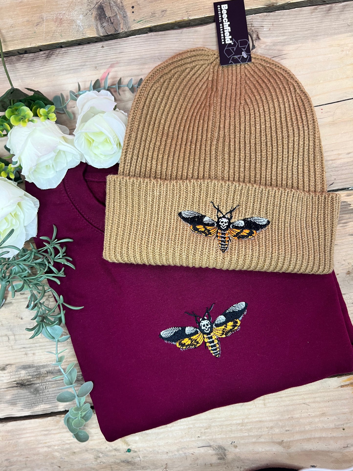 Death's Head Moth Embroidered Adults Recycled Oversized Beanie