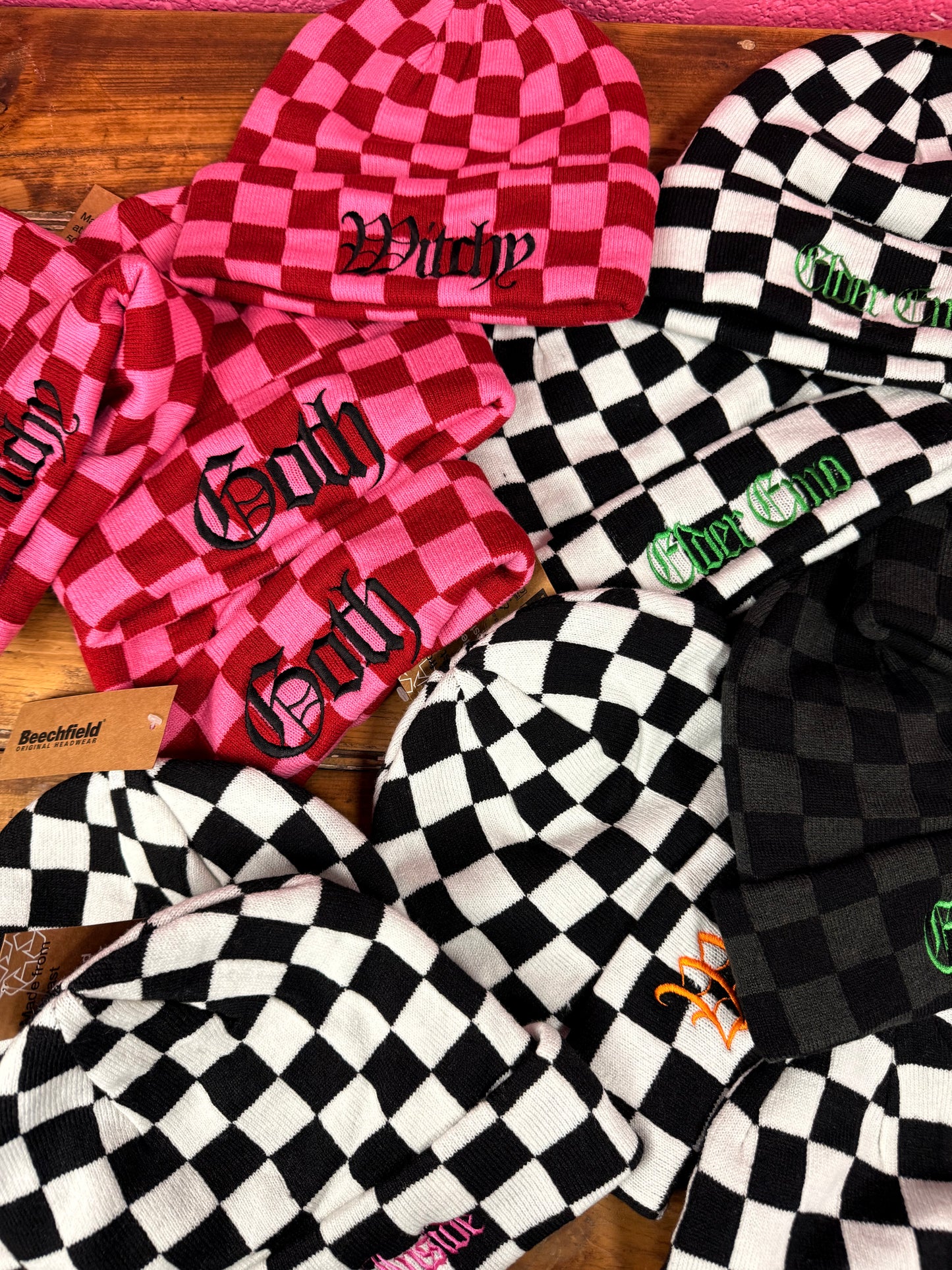 Gothic Checkerboard Embroidered Beanie