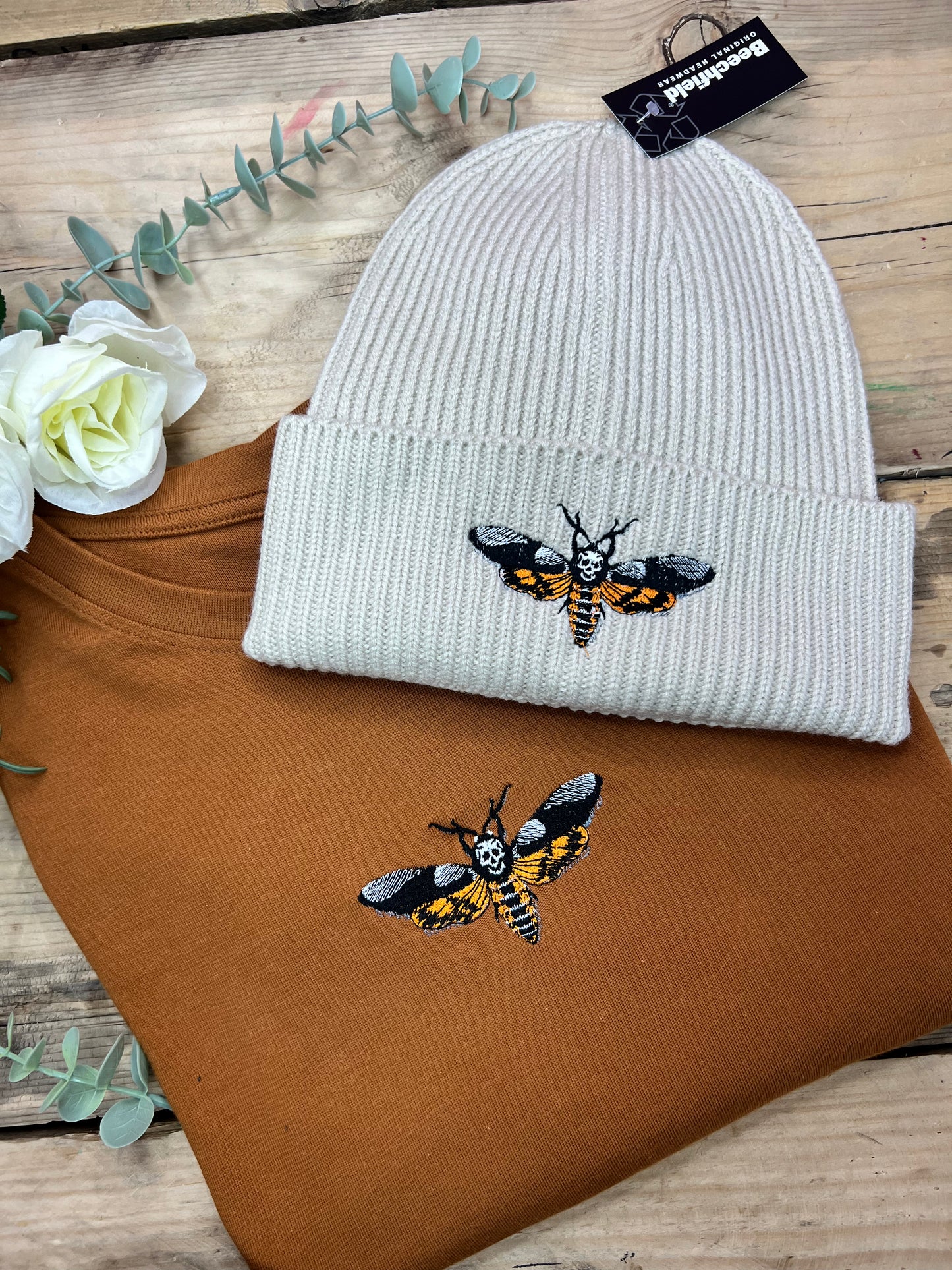 Death's Head Moth Embroidered Adults Recycled Oversized Beanie