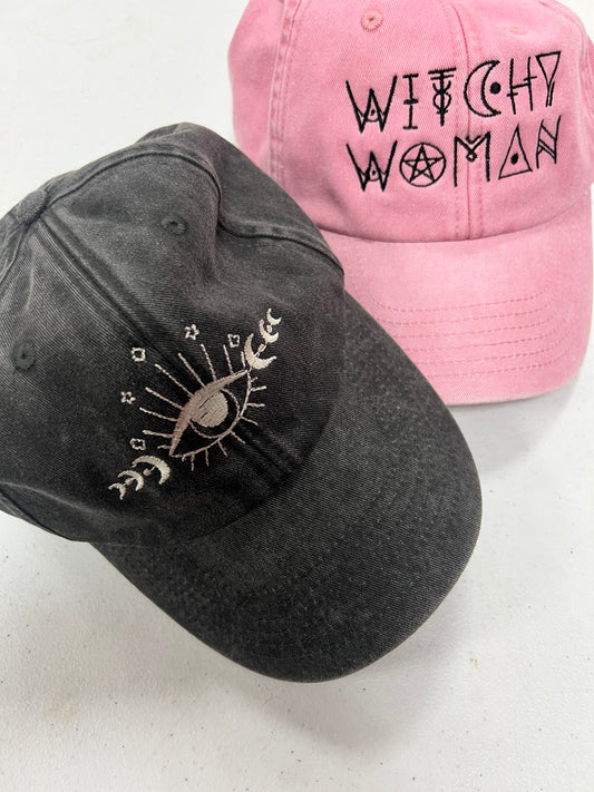 Alternative, Witchy Woman, Evil Eye, Moon Phase, Deaths Head Moth Vintage Faded Style Embroidered Cap