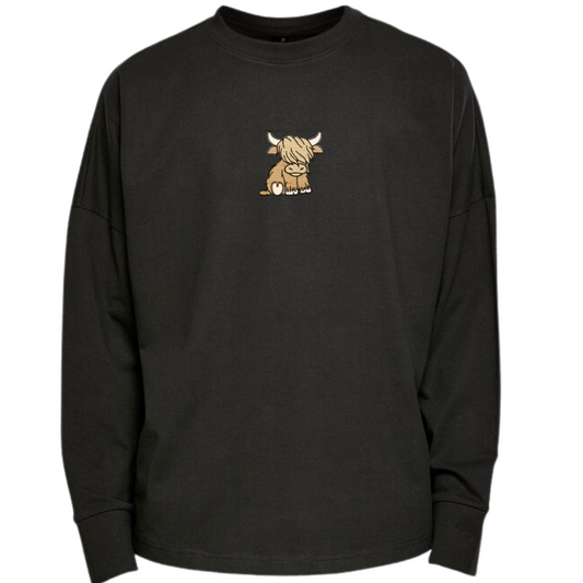 Highland Cow Embroidered Sleeve Premium Overszied Long Sleeve T-shirt