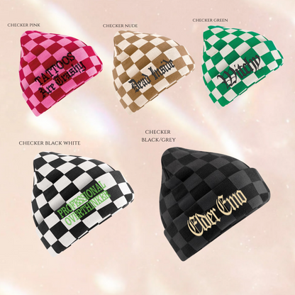 Gothic TEXT (Multiple Options) Checkerboard Embroidered Beanie