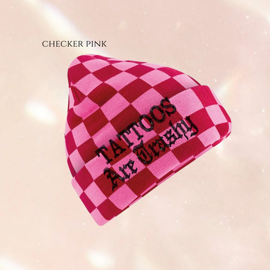Gothic TEXT (Multiple Options) Checkerboard Embroidered Beanie