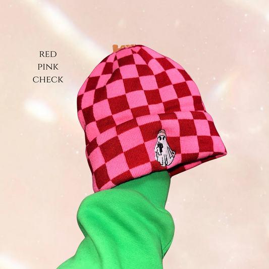 Ghost With Beanie, Book & Cup Checkerboard Embroidered Beanie