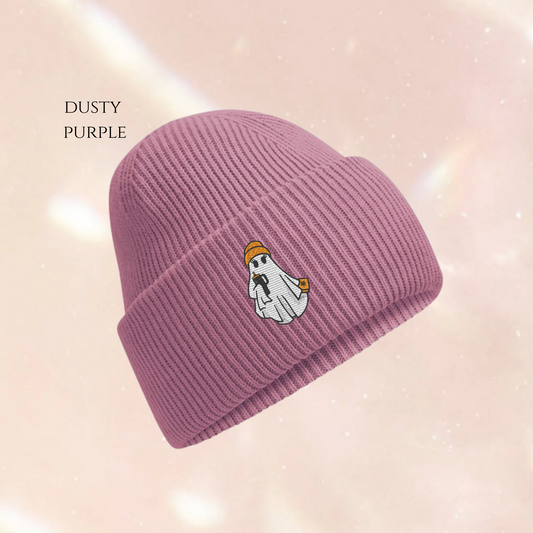 Ghost With Beanie, Book & Cup Block Colour Embroidered Beanie