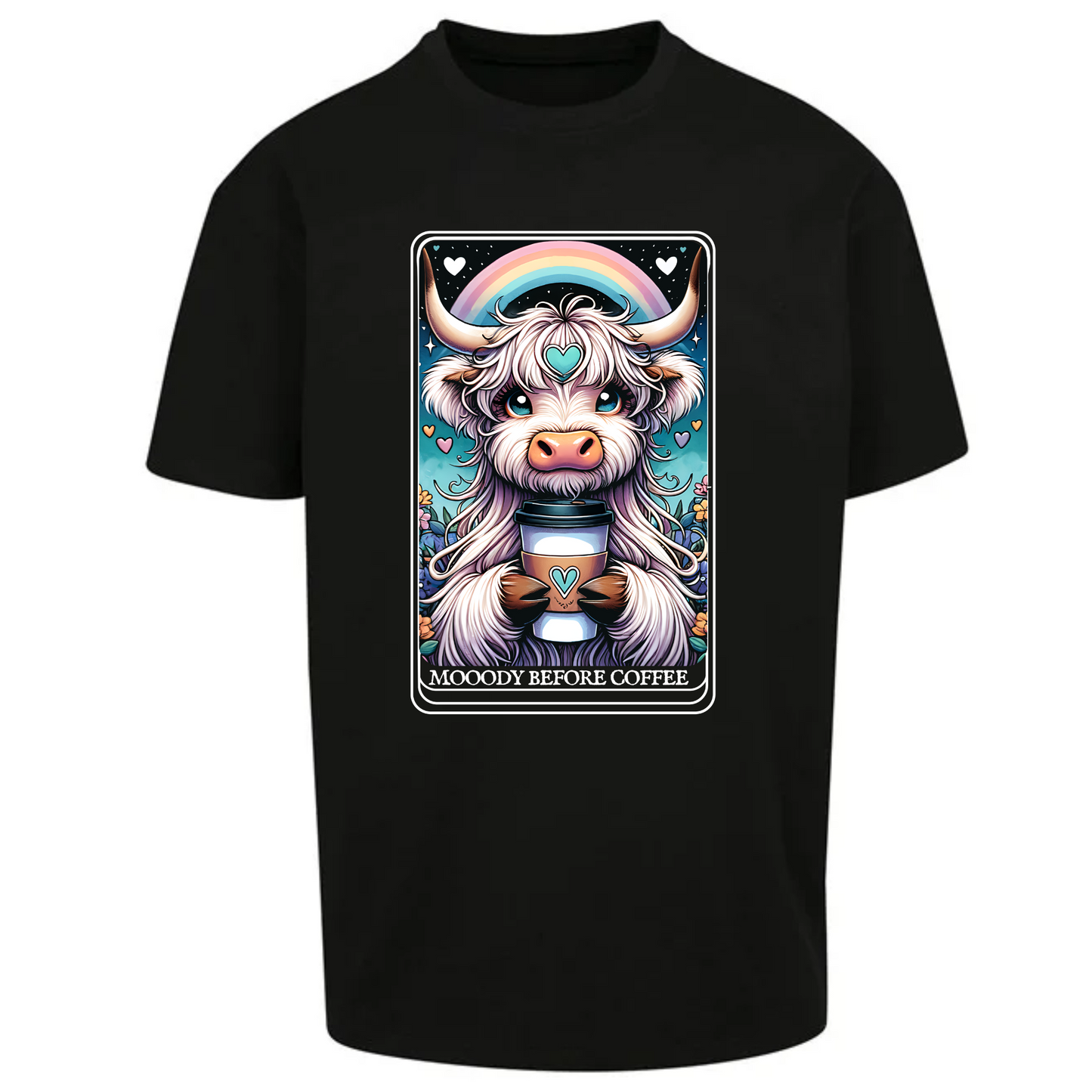 Moody Before Coffee Highland Cow Tarot Style Spiritual Oversized Short Sleeve T-shirt