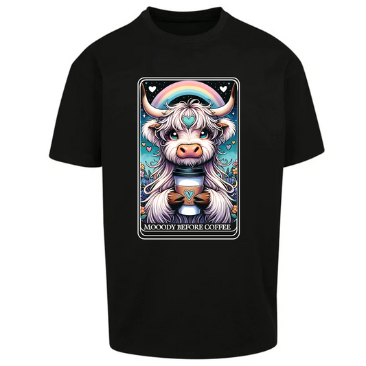 Moody Before Coffee Highland Cow Tarot Style Spiritual Oversized Short Sleeve T-shirt