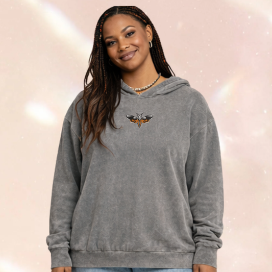 Death's Head Moth Alternative Embroidered Acid Wash Oversized Unisex Hoodie
