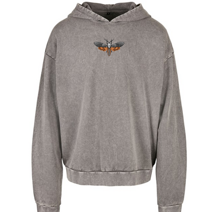 Death's Head Moth Alternative Embroidered Acid Wash Oversized Unisex Hoodie