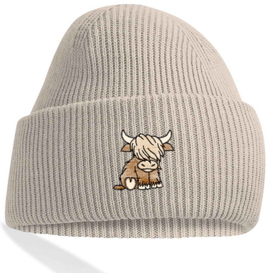 Highland Cow Embroidered Adults Recycled Oversized Beanie