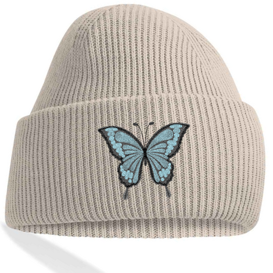 Morpho Butterfly Blue Embroidered Adults Recycled Oversized Beanie
